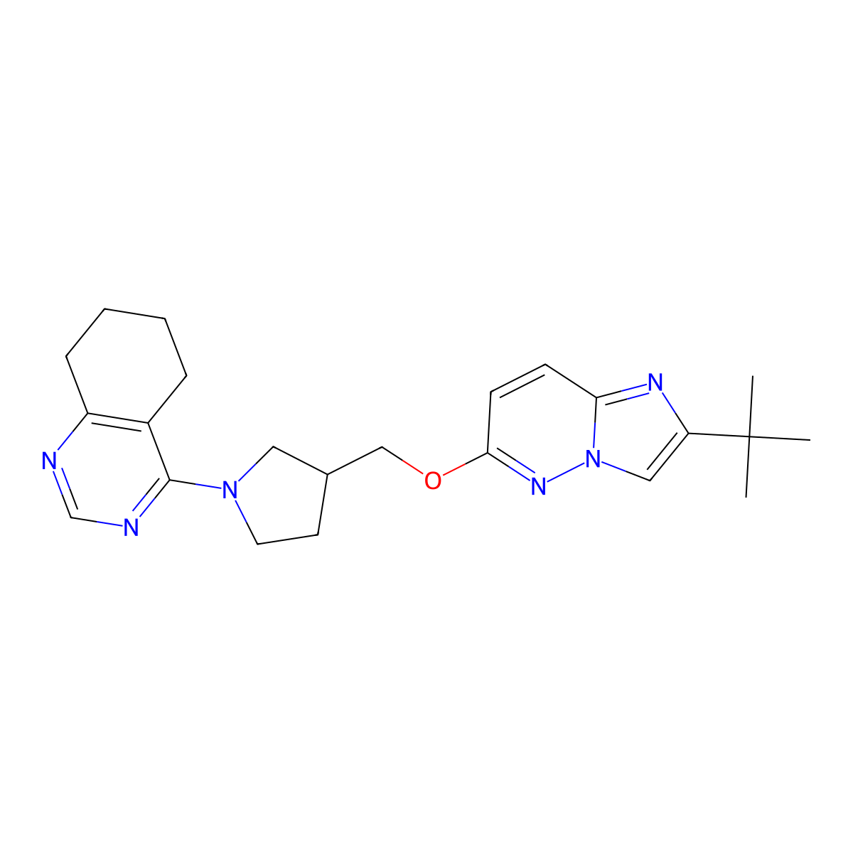 4-{3-[({2-Tert-butylimidazo[1,2-b]pyridazin-6-yl}oxy)methyl]pyrrolidin-1-yl}-5,6,7,8-tetrahydroquinazoline molecular structure, CAS 2742033-95-8
