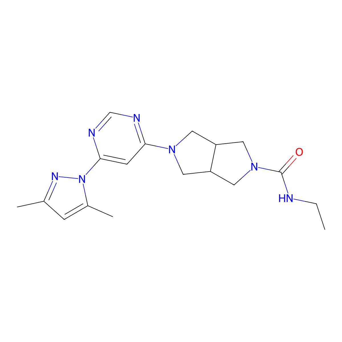 5-[6-(3,5-dimethyl-1H-pyrazol-1-yl)pyrimidin-4-yl]-N-ethyl-octahydropyrrolo[3,4-c]pyrrole-2-carboxamide molecular structure, CAS 2742034-05-3