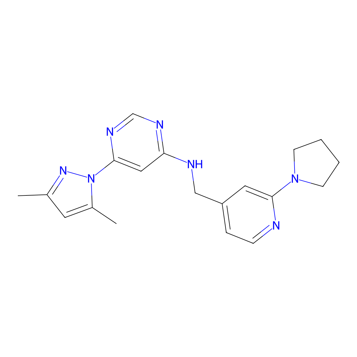 6-(3,5-dimethyl-1H-pyrazol-1-yl)-N-{[2-(pyrrolidin-1-yl)pyridin-4-yl]methyl}pyrimidin-4-amine molecular structure, CAS 2742034-06-4