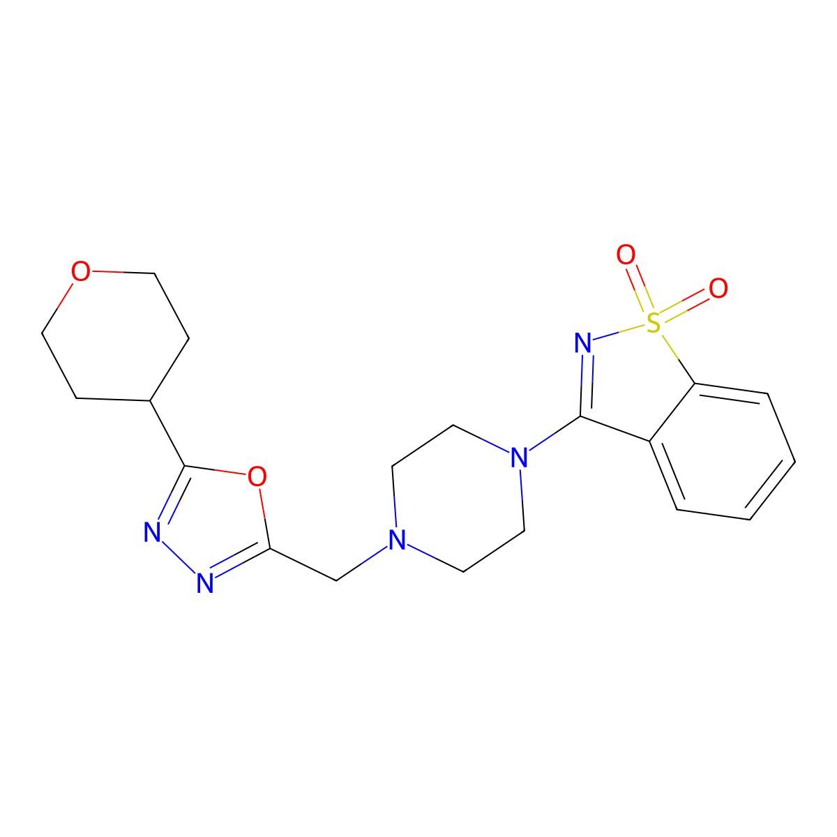 3-[4-[[5-(Oxan-4-yl)-1,3,4-oxadiazol-2-yl]methyl]piperazin-1-yl]-1,2-benzothiazole 1,1-dioxide molecular structure, CAS 2742034-07-5