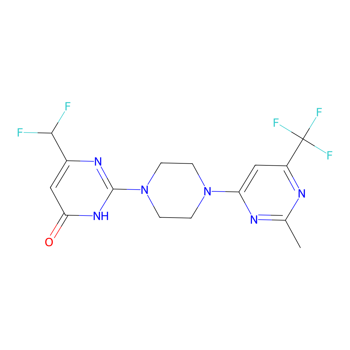 6-(Difluoromethyl)-2-{4-[2-methyl-6-(trifluoromethyl)pyrimidin-4-yl]piperazin-1-yl}-3,4-dihydropyrimidin-4-one molecular structure, CAS 2742034-08-6