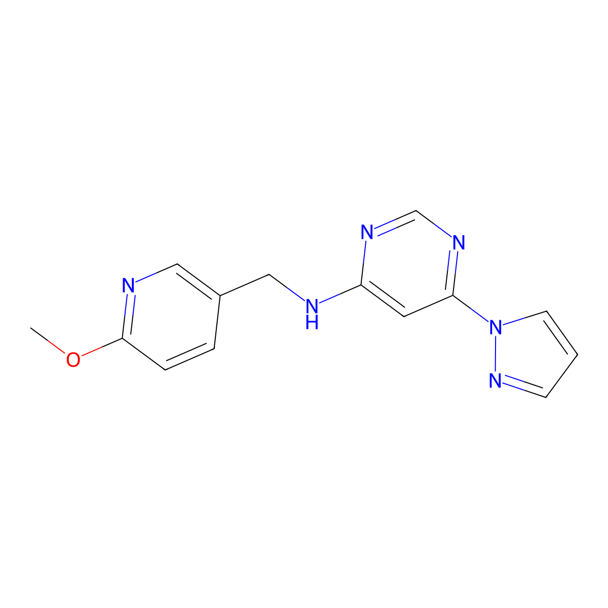 N-[(6-methoxypyridin-3-yl)methyl]-6-(1H-pyrazol-1-yl)pyrimidin-4-amine molecular structure, CAS 2742034-15-5