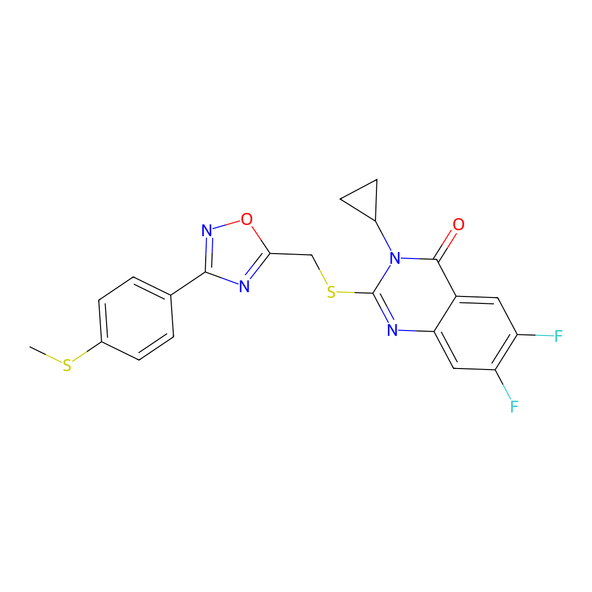 3-Cyclopropyl-6,7-difluoro-2-[({3-[4-(methylsulfanyl)phenyl]-1,2,4-oxadiazol-5-yl}methyl)sulfanyl]-3,4-dihydroquinazolin-4-one molecular structure, CAS 2742034-17-7