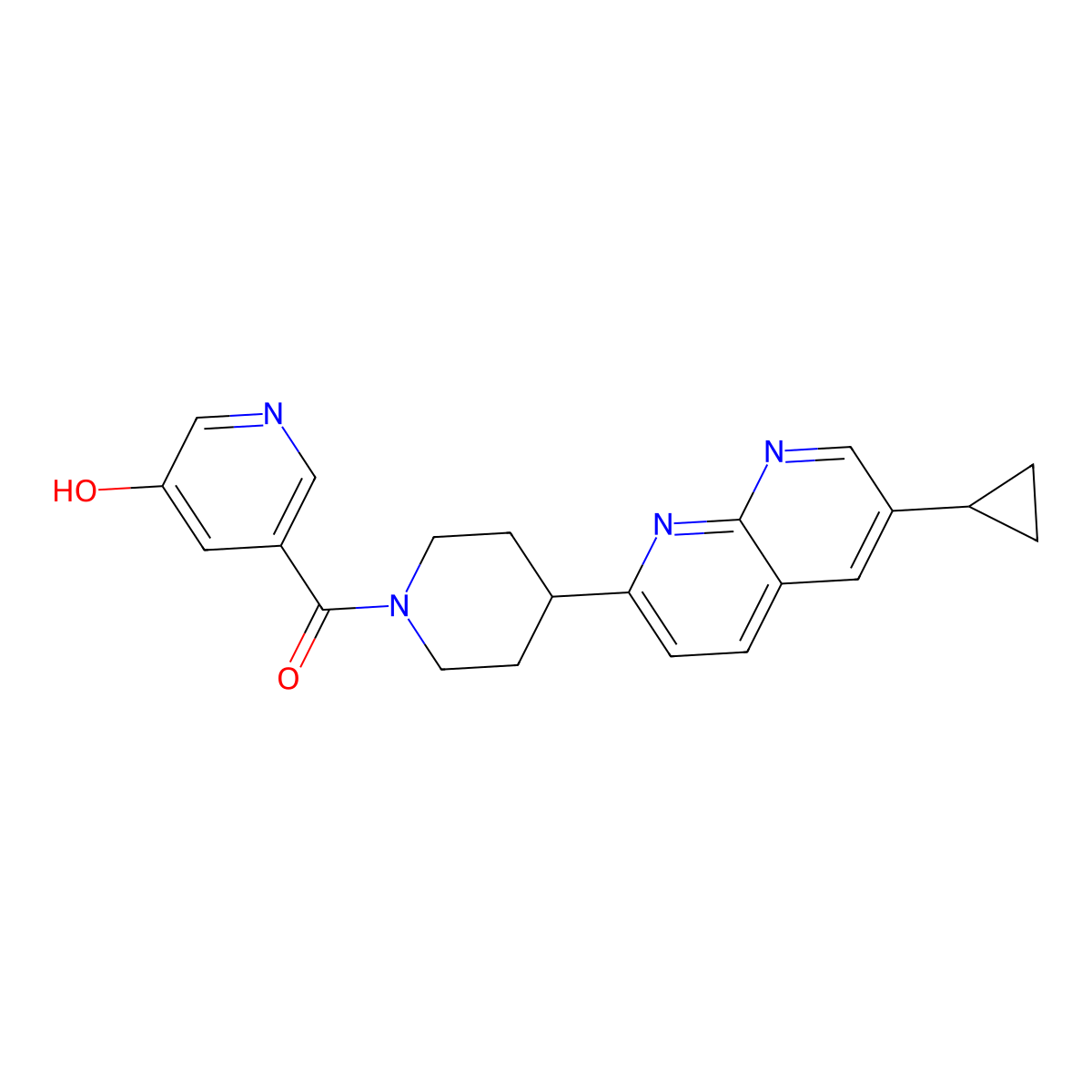 5-[4-(6-Cyclopropyl-1,8-naphthyridin-2-yl)piperidine-1-carbonyl]pyridin-3-ol molecular structure, CAS 2742034-19-9