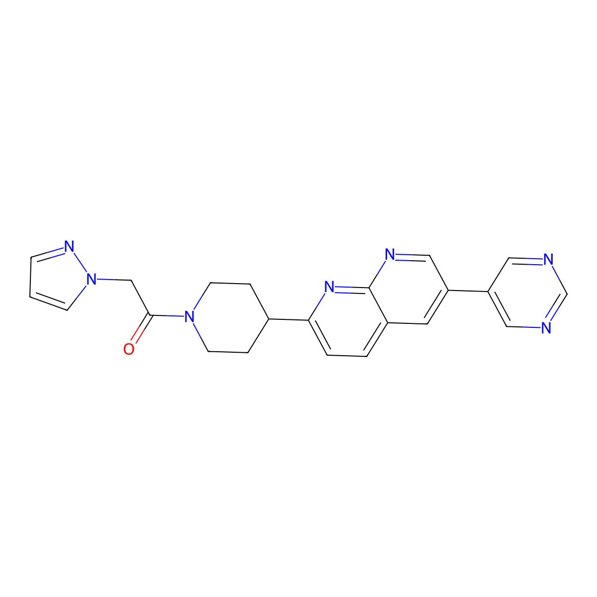 2-(1H-pyrazol-1-yl)-1-{4-[6-(pyrimidin-5-yl)-1,8-naphthyridin-2-yl]piperidin-1-yl}ethan-1-one molecular structure, CAS 2742034-24-6