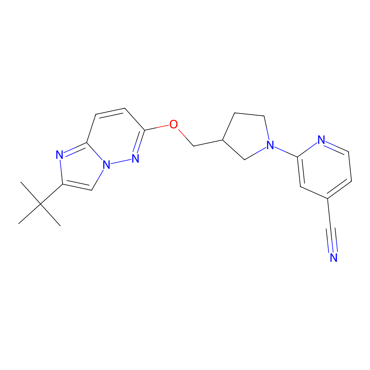 2-{3-[({2-Tert-butylimidazo[1,2-b]pyridazin-6-yl}oxy)methyl]pyrrolidin-1-yl}pyridine-4-carbonitrile molecular structure, CAS 2742034-28-0