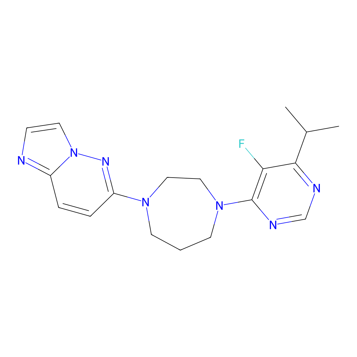 1-[5-Fluoro-6-(propan-2-yl)pyrimidin-4-yl]-4-{imidazo[1,2-b]pyridazin-6-yl}-1,4-diazepane molecular structure, CAS 2742034-31-5