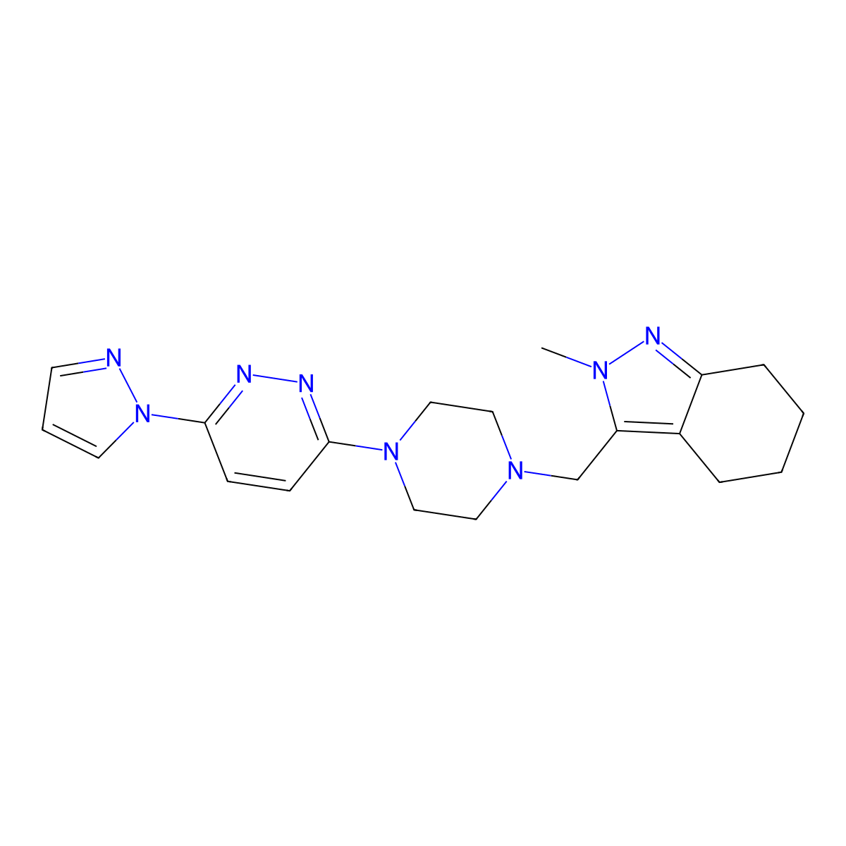 2-methyl-3-({4-[6-(1H-pyrazol-1-yl)pyridazin-3-yl]piperazin-1-yl}methyl)-4,5,6,7-tetrahydro-2H-indazole molecular structure, CAS 2742034-32-6