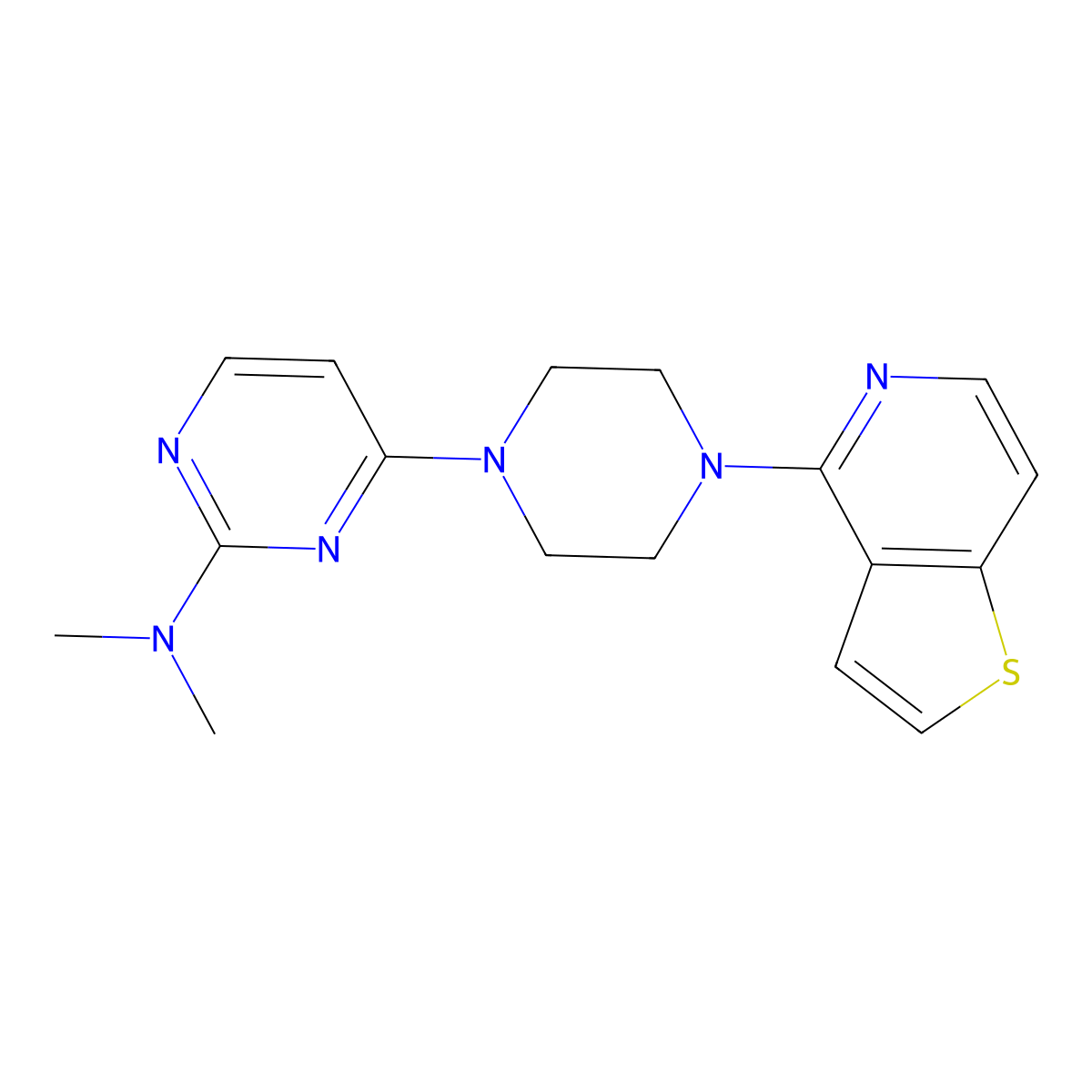 N,N-dimethyl-4-(4-{thieno[3,2-c]pyridin-4-yl}piperazin-1-yl)pyrimidin-2-amine molecular structure, CAS 2742034-34-8