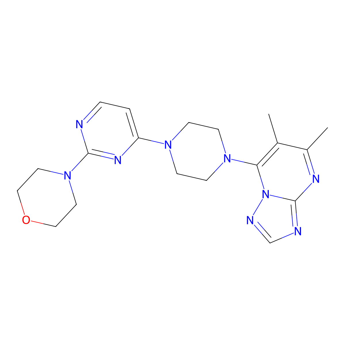 4-[4-(4-{5,6-Dimethyl-[1,2,4]triazolo[1,5-a]pyrimidin-7-yl}piperazin-1-yl)pyrimidin-2-yl]morpholine molecular structure, CAS 2742034-39-3