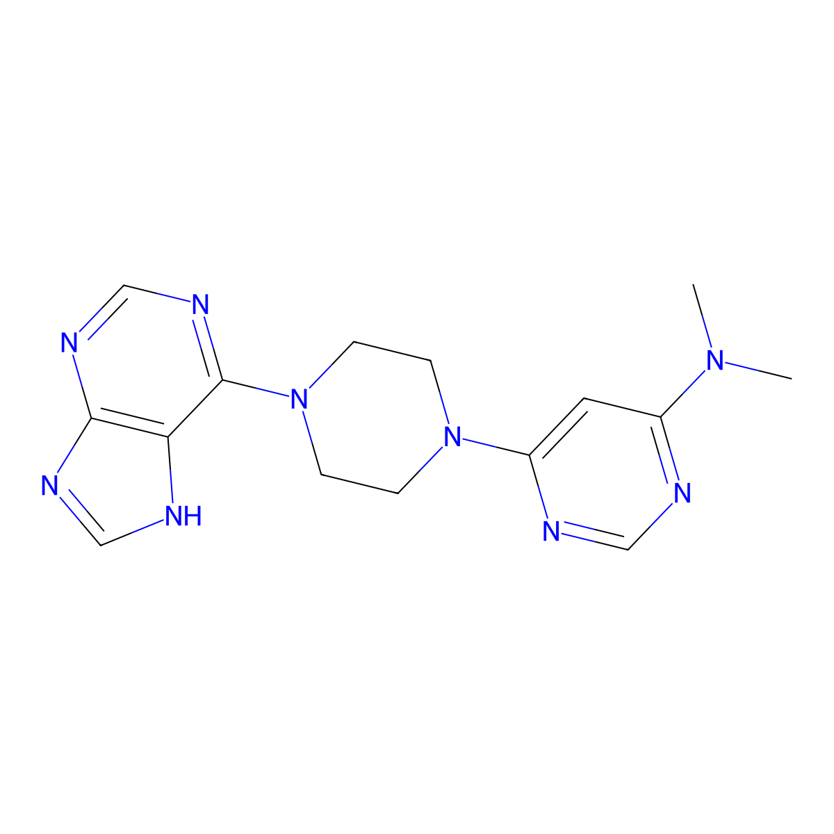 N,N-dimethyl-6-[4-(9H-purin-6-yl)piperazin-1-yl]pyrimidin-4-amine molecular structure, CAS 2742034-40-6