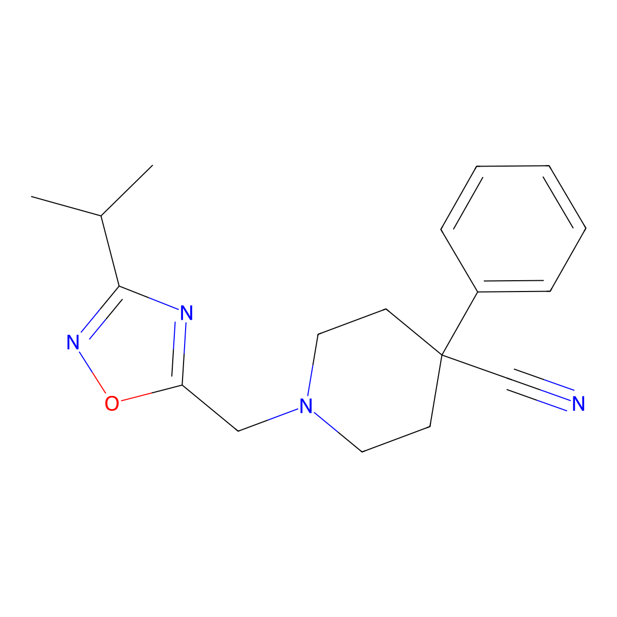 4-Phenyl-1-{[3-(propan-2-yl)-1,2,4-oxadiazol-5-yl]methyl}piperidine-4-carbonitrile molecular structure, CAS 2742034-48-4
