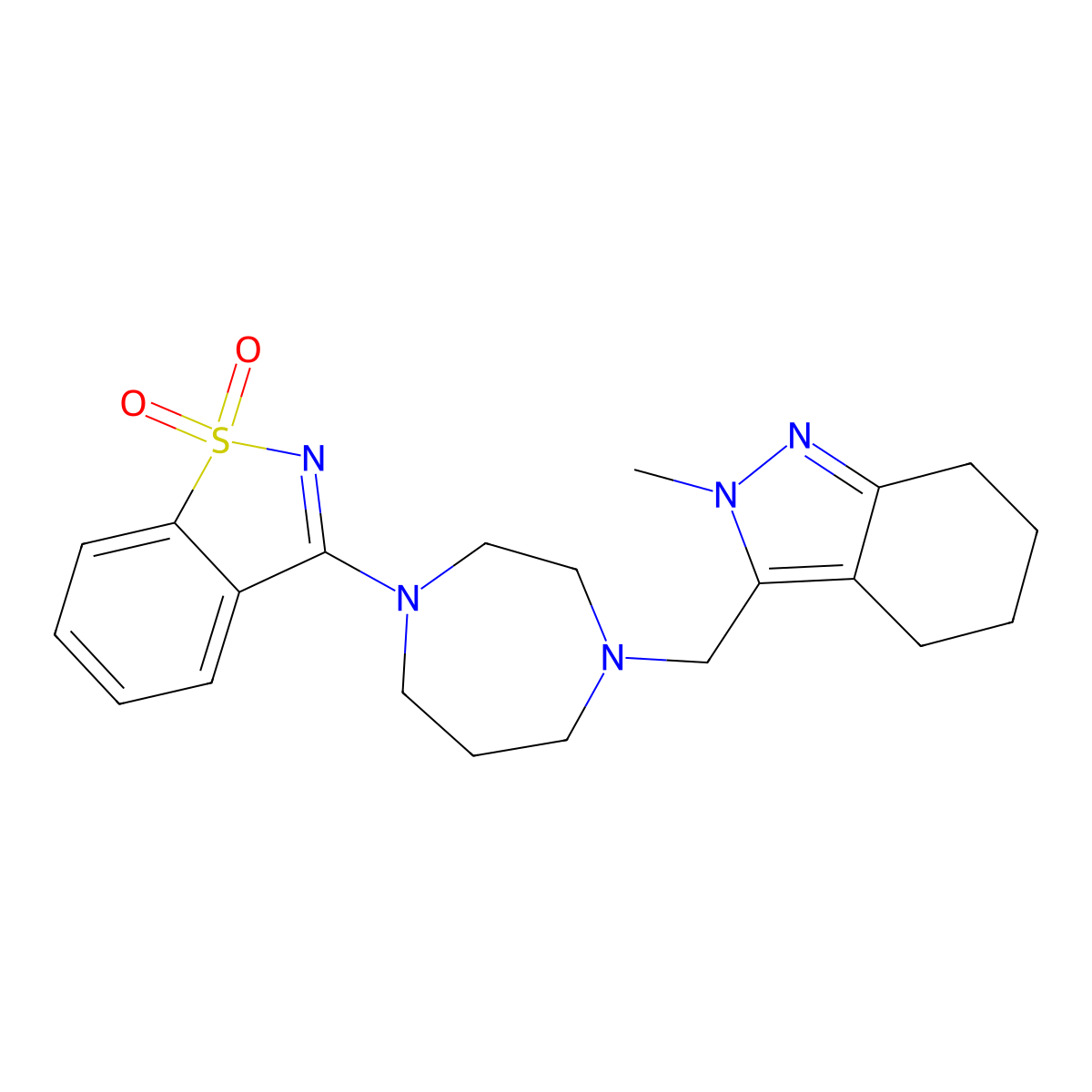 3-[4-[(2-Methyl-4,5,6,7-tetrahydroindazol-3-yl)methyl]-1,4-diazepan-1-yl]-1,2-benzothiazole 1,1-dioxide molecular structure, CAS 2742034-53-1