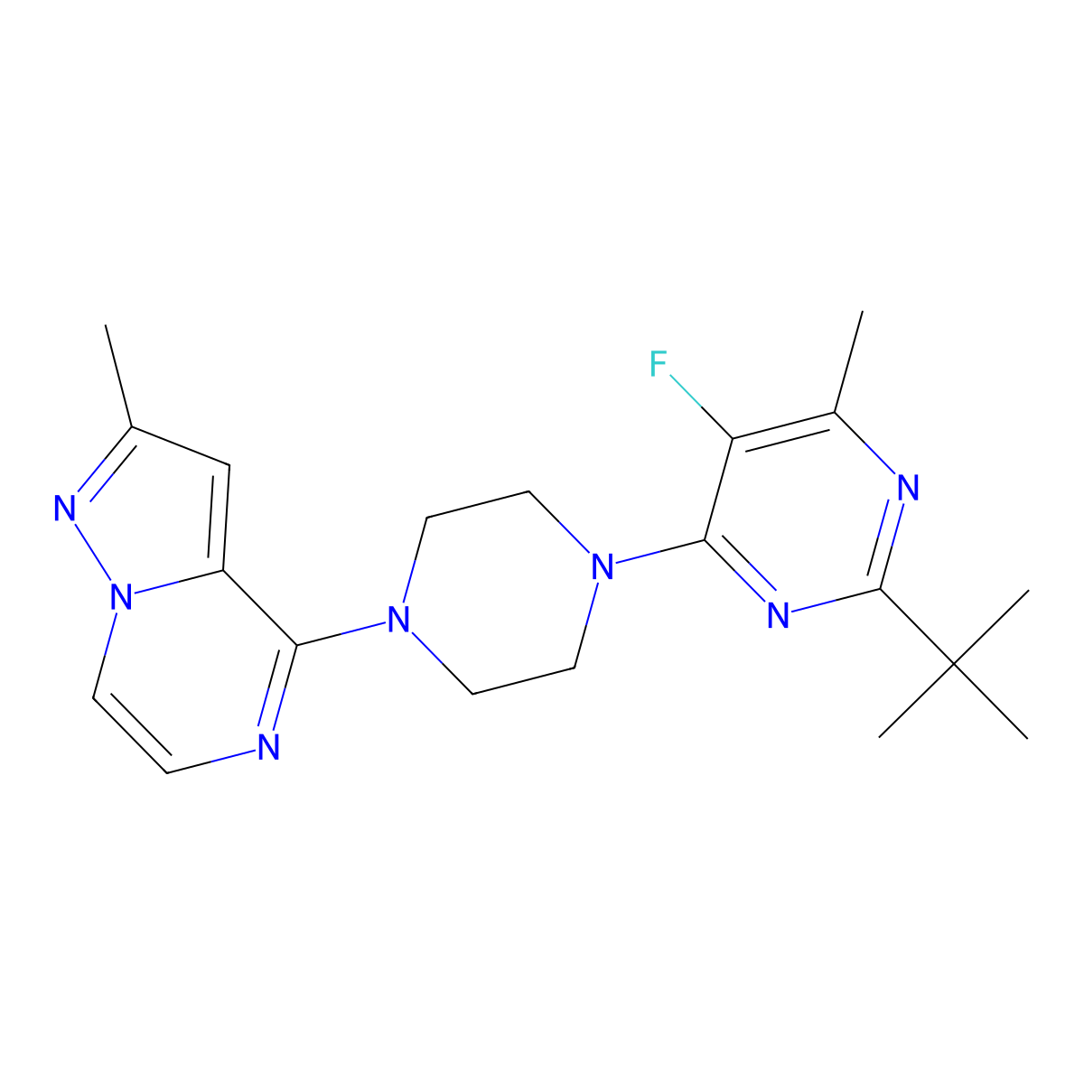 2-Tert-butyl-5-fluoro-4-methyl-6-(4-{2-methylpyrazolo[1,5-a]pyrazin-4-yl}piperazin-1-yl)pyrimidine molecular structure, CAS 2742034-65-5