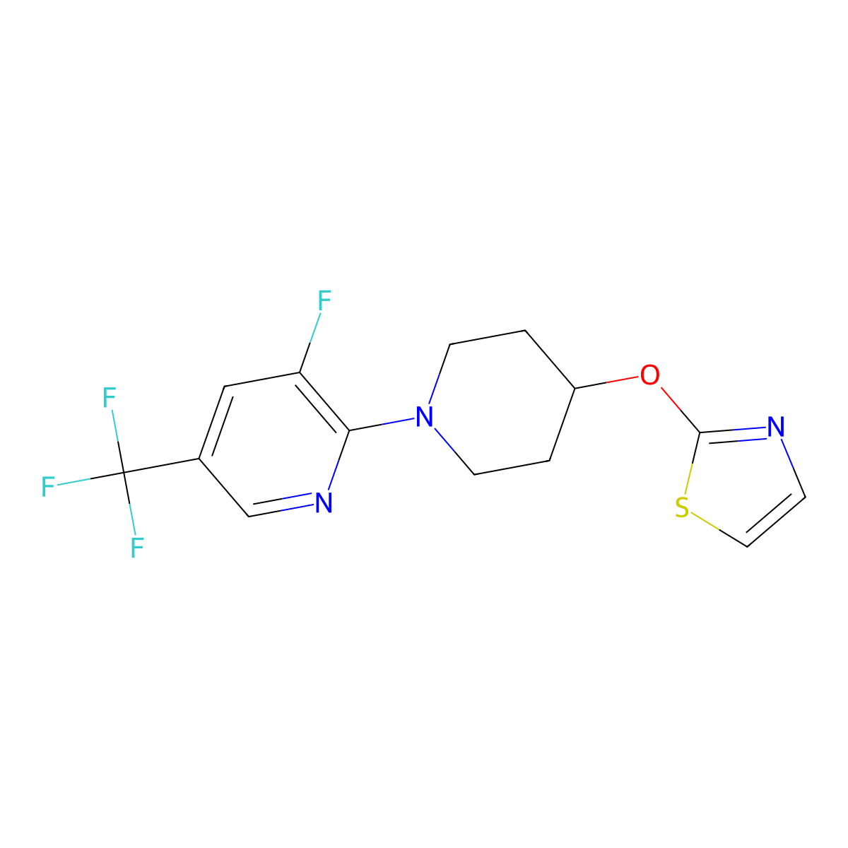 3-Fluoro-2-[4-(1,3-thiazol-2-yloxy)piperidin-1-yl]-5-(trifluoromethyl)pyridine molecular structure, CAS 2742034-73-5
