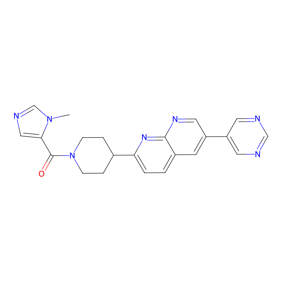 2-[1-(1-methyl-1H-imidazole-5-carbonyl)piperidin-4-yl]-6-(pyrimidin-5-yl)-1,8-naphthyridine molecular structure, CAS 2742034-78-0