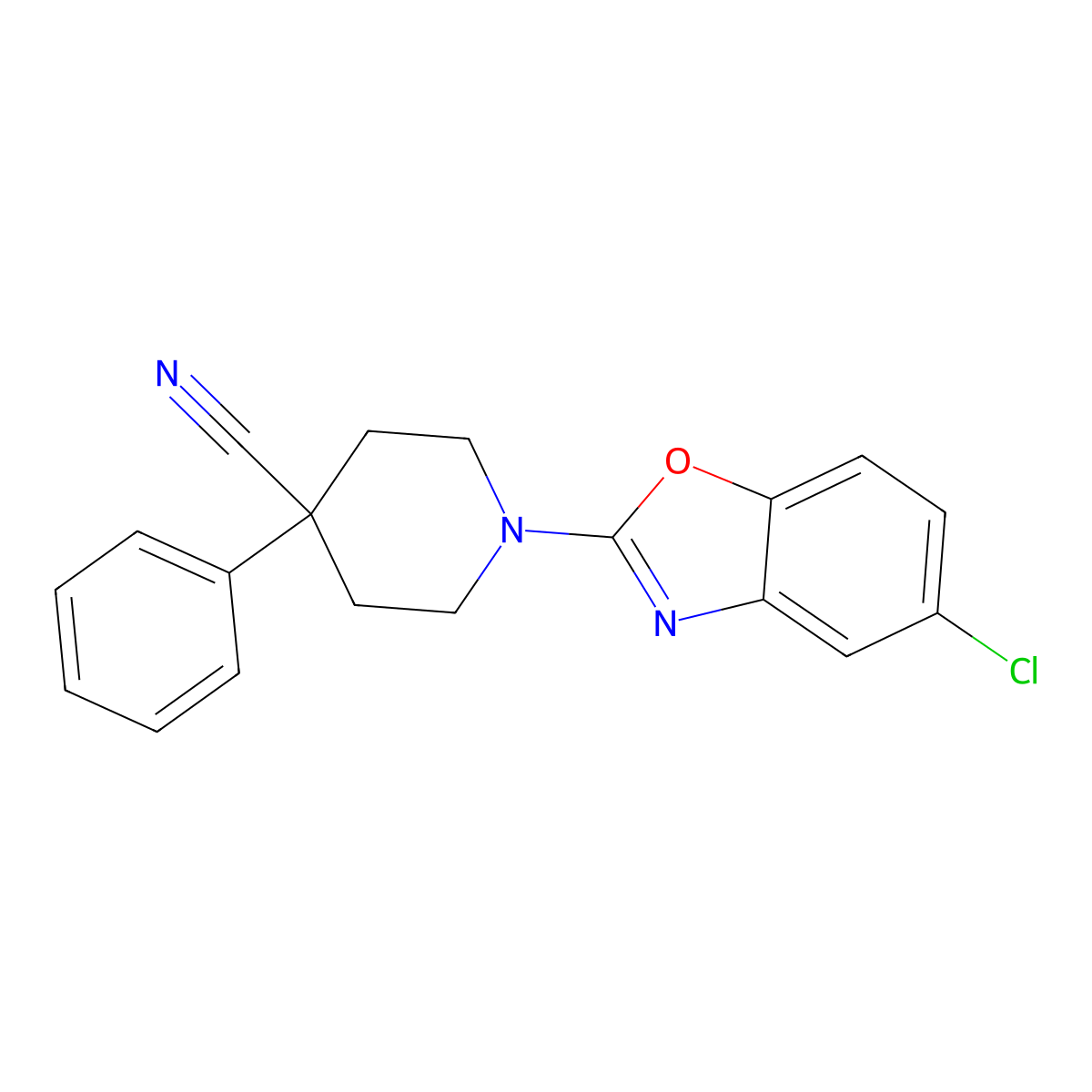 1-(5-Chloro-1,3-benzoxazol-2-yl)-4-phenylpiperidine-4-carbonitrile molecular structure, CAS 2742034-85-9
