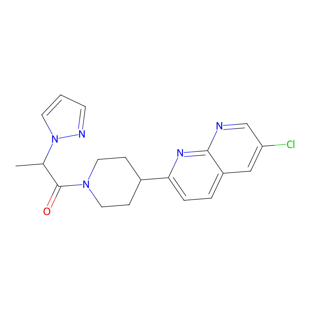 1-[4-(6-chloro-1,8-naphthyridin-2-yl)piperidin-1-yl]-2-(1H-pyrazol-1-yl)propan-1-one molecular structure, CAS 2742034-97-3