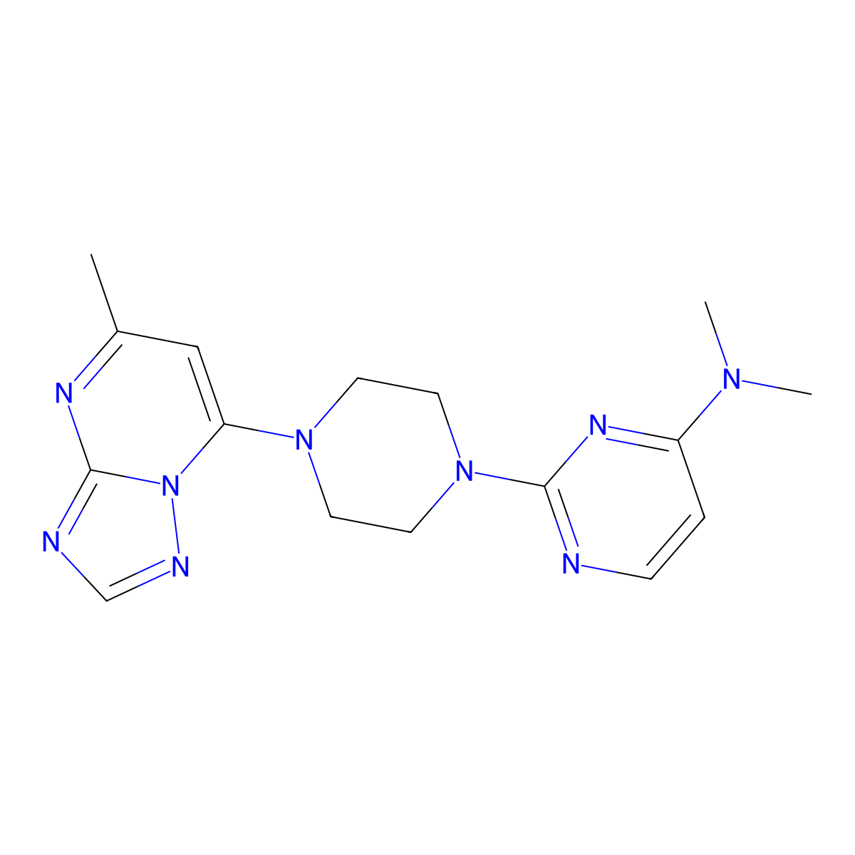 N,N-dimethyl-2-(4-{5-methyl-[1,2,4]triazolo[1,5-a]pyrimidin-7-yl}piperazin-1-yl)pyrimidin-4-amine molecular structure, CAS 2742035-16-9