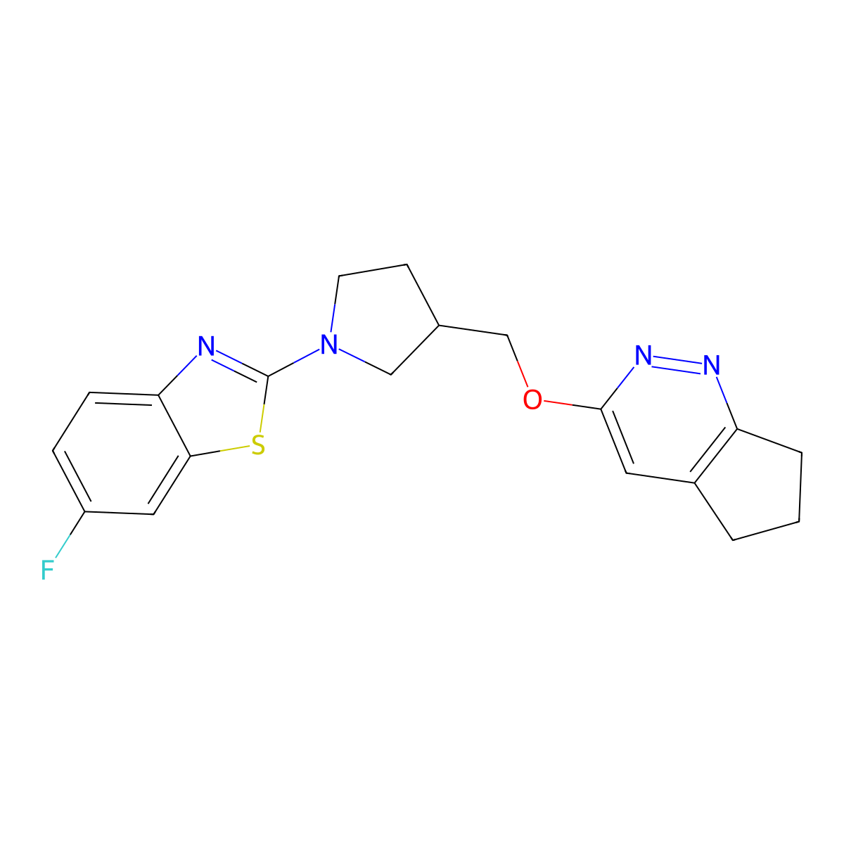 2-[3-({5H,6H,7H-cyclopenta[c]pyridazin-3-yloxy}methyl)pyrrolidin-1-yl]-6-fluoro-1,3-benzothiazole molecular structure, CAS 2742035-17-0