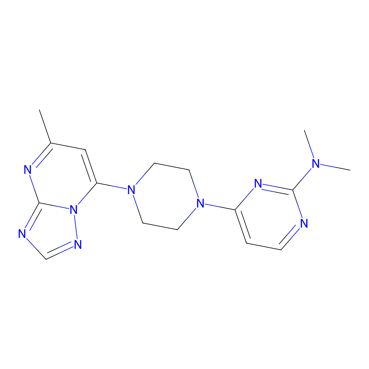 N,N-dimethyl-4-(4-{5-methyl-[1,2,4]triazolo[1,5-a]pyrimidin-7-yl}piperazin-1-yl)pyrimidin-2-amine molecular structure, CAS 2742035-20-5