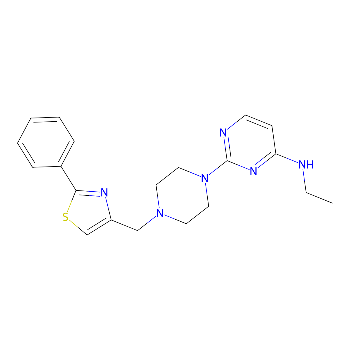 N-ethyl-2-{4-[(2-phenyl-1,3-thiazol-4-yl)methyl]piperazin-1-yl}pyrimidin-4-amine molecular structure, CAS 2742035-23-8
