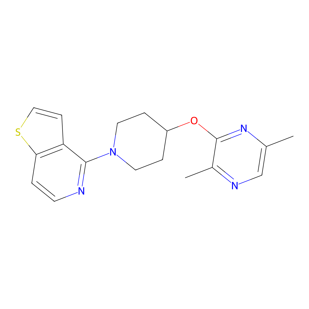 2,5-Dimethyl-3-[(1-{thieno[3,2-c]pyridin-4-yl}piperidin-4-yl)oxy]pyrazine molecular structure, CAS 2742035-36-3