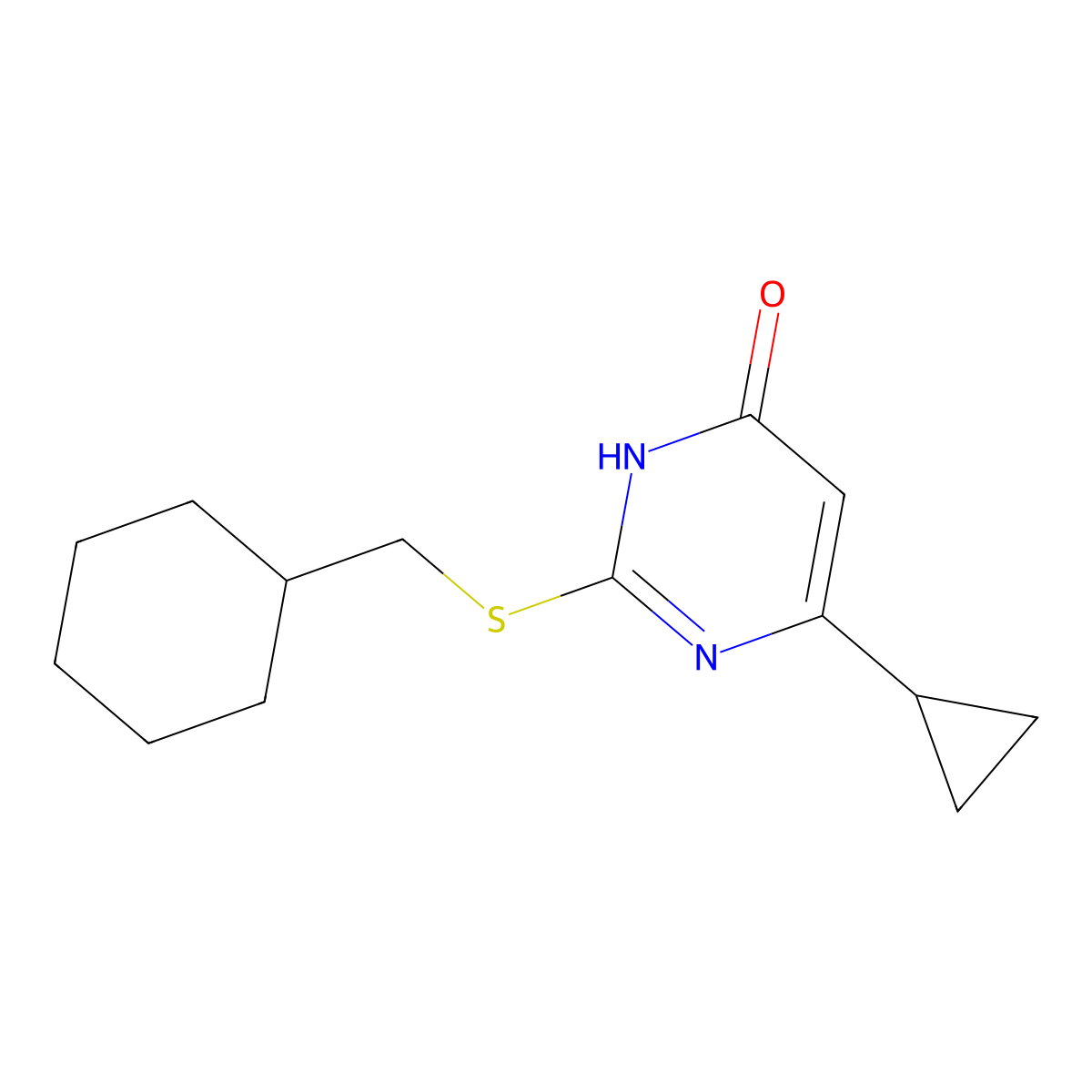 2-[(Cyclohexylmethyl)sulfanyl]-6-cyclopropyl-3,4-dihydropyrimidin-4-one molecular structure, CAS 2742035-37-4