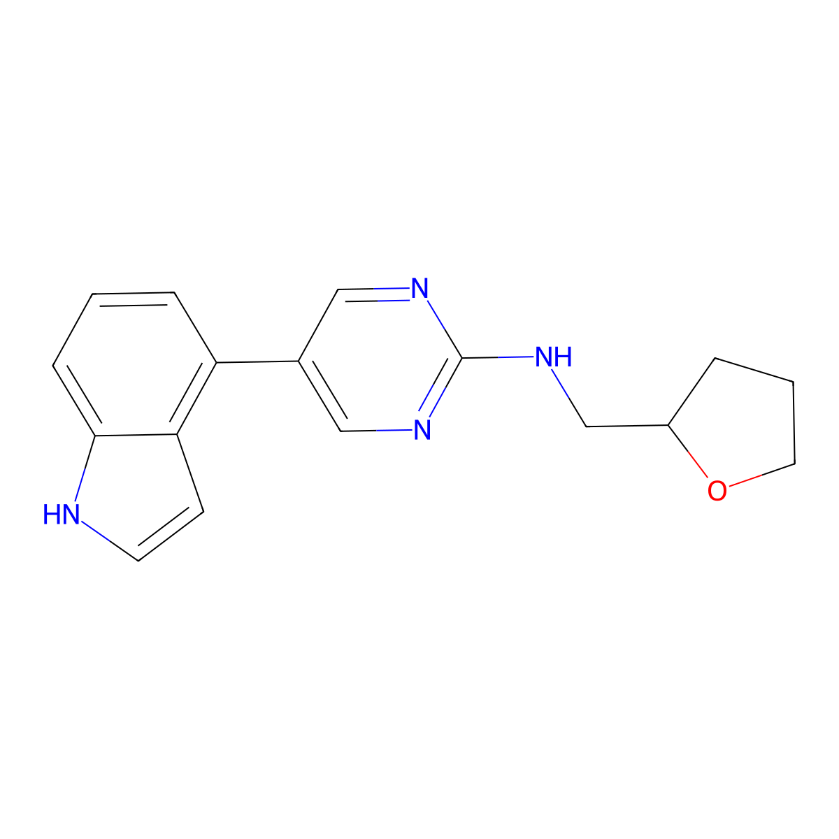 5-(1H-indol-4-yl)-N-[(oxolan-2-yl)methyl]pyrimidin-2-amine molecular structure, CAS 2742035-43-2