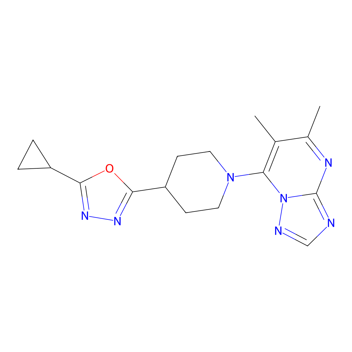4-(5-Cyclopropyl-1,3,4-oxadiazol-2-yl)-1-{5,6-dimethyl-[1,2,4]triazolo[1,5-a]pyrimidin-7-yl}piperidine molecular structure, CAS 2742035-48-7