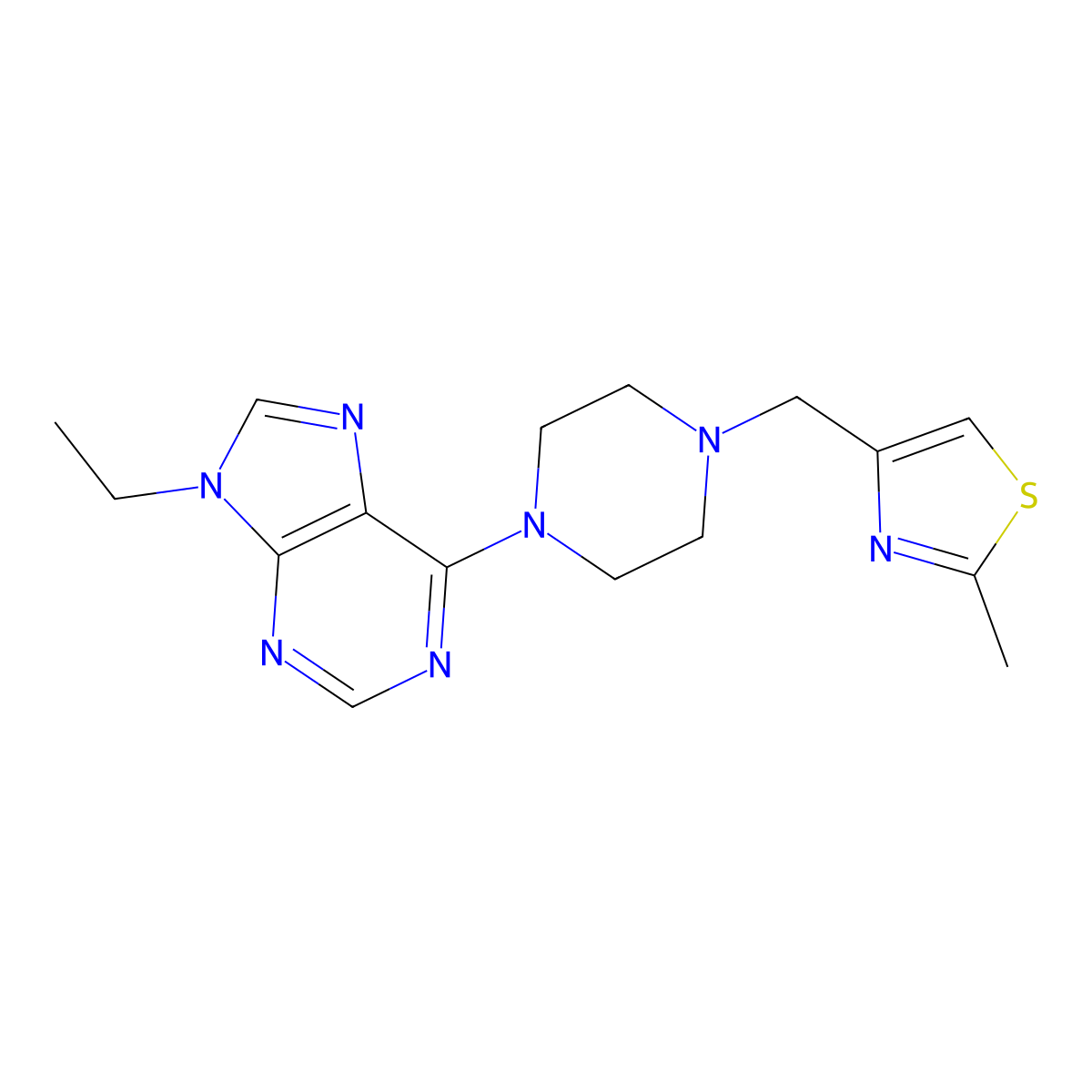 9-ethyl-6-{4-[(2-methyl-1,3-thiazol-4-yl)methyl]piperazin-1-yl}-9H-purine molecular structure, CAS 2742035-49-8