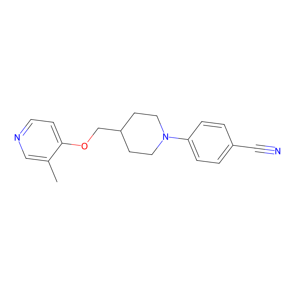 4-(4-{[(3-Methylpyridin-4-yl)oxy]methyl}piperidin-1-yl)benzonitrile molecular structure, CAS 2742035-52-3