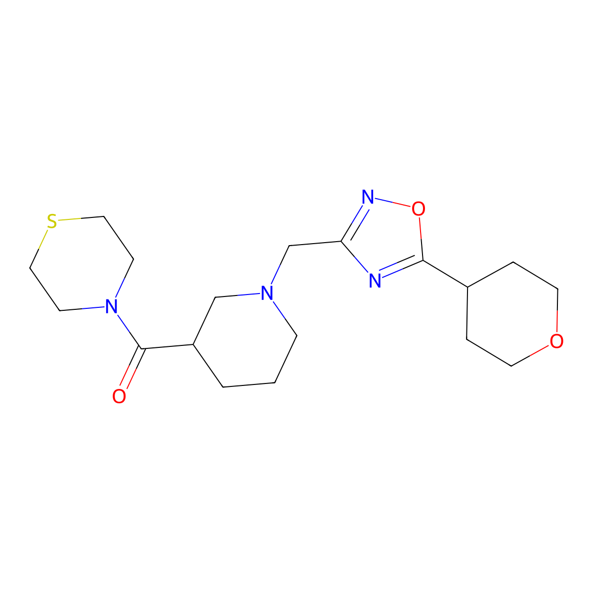 4-(1-{[5-(Oxan-4-yl)-1,2,4-oxadiazol-3-yl]methyl}piperidine-3-carbonyl)thiomorpholine molecular structure, CAS 2742035-54-5