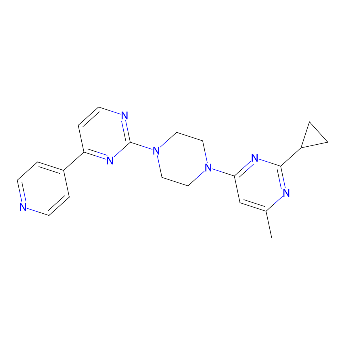 2-Cyclopropyl-4-methyl-6-{4-[4-(pyridin-4-yl)pyrimidin-2-yl]piperazin-1-yl}pyrimidine molecular structure, CAS 2742035-55-6
