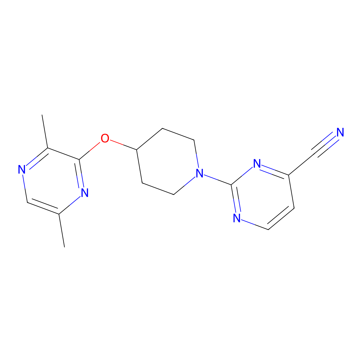 2-{4-[(3,6-Dimethylpyrazin-2-yl)oxy]piperidin-1-yl}pyrimidine-4-carbonitrile molecular structure, CAS 2742035-60-3
