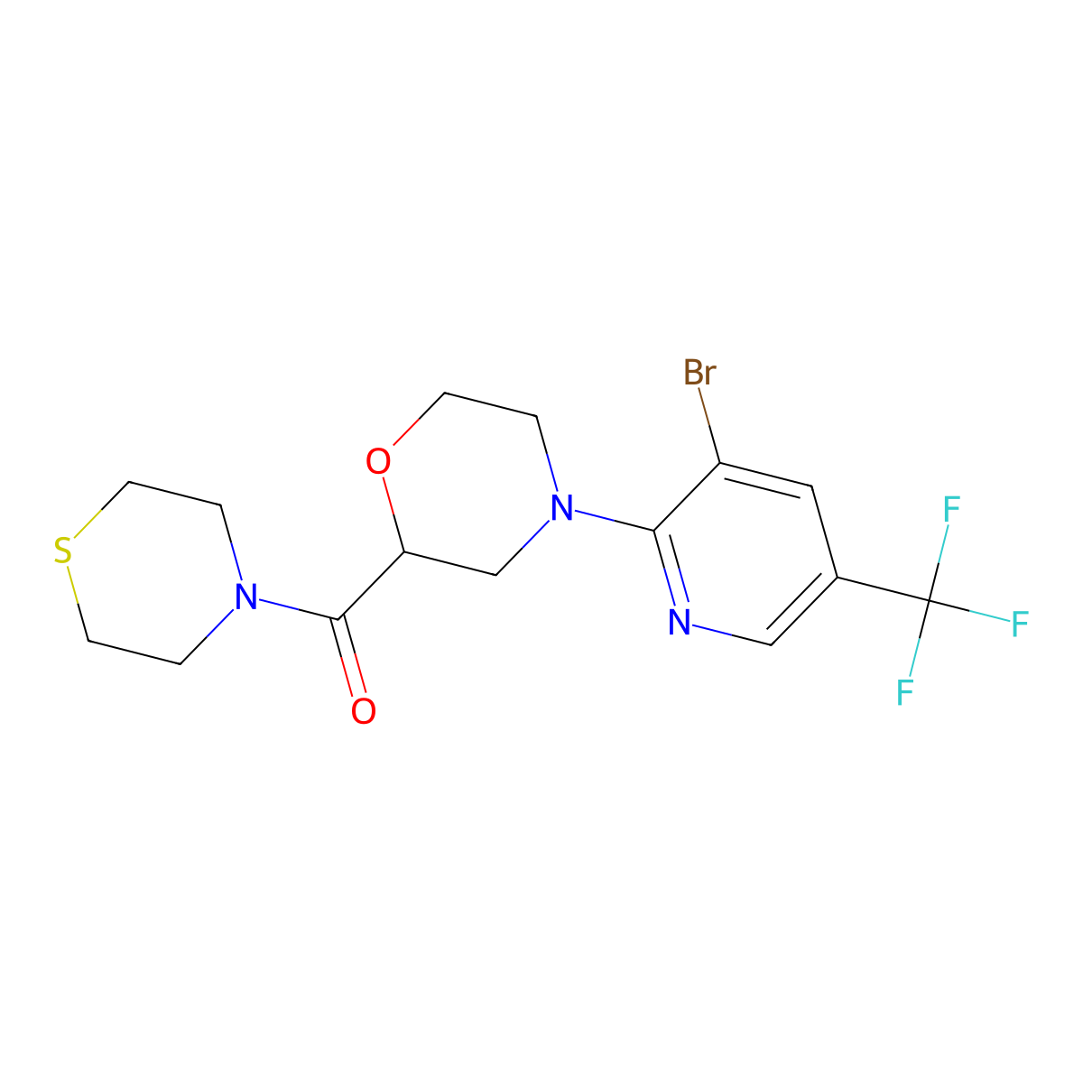 4-[3-Bromo-5-(trifluoromethyl)pyridin-2-yl]-2-(thiomorpholine-4-carbonyl)morpholine molecular structure, CAS 2742035-62-5