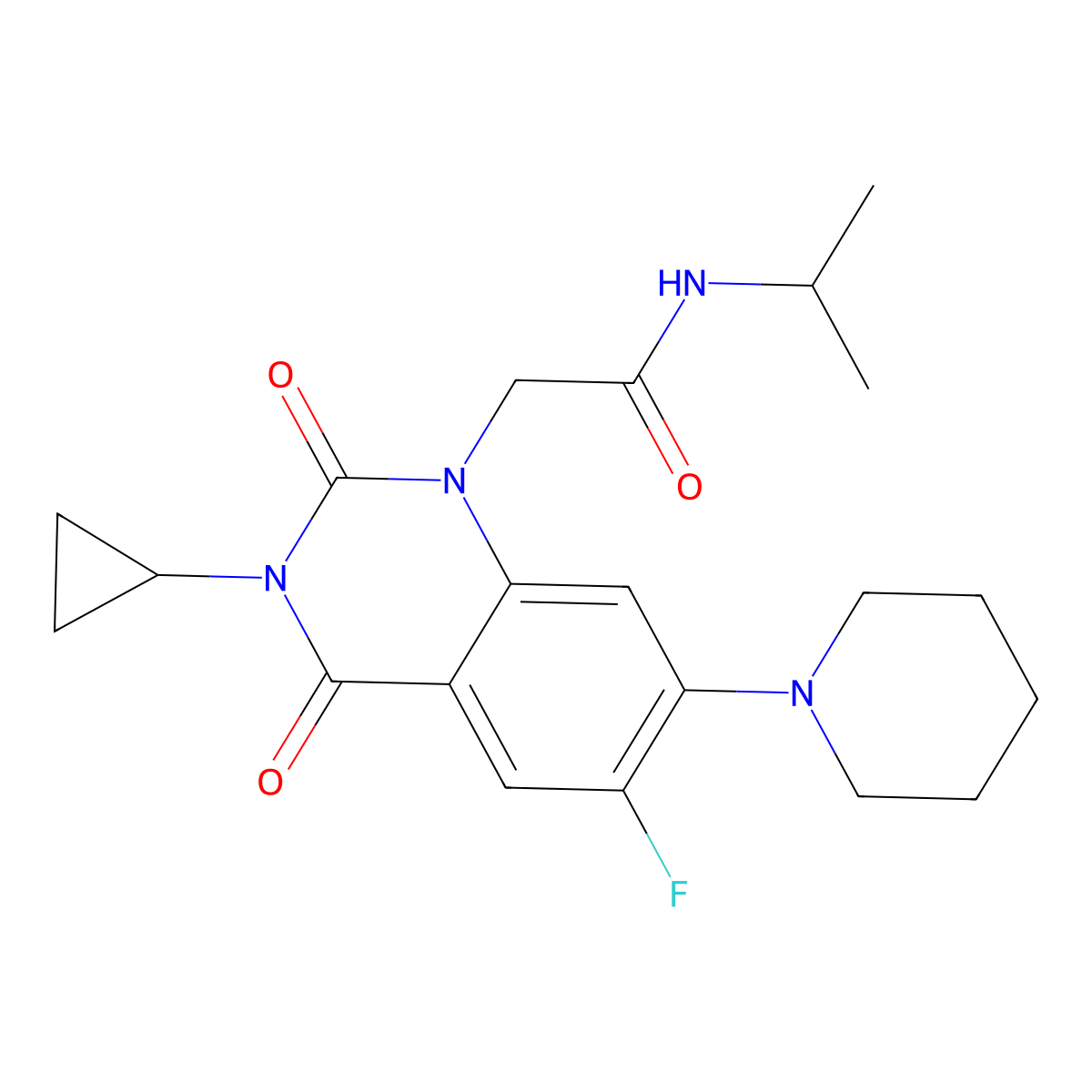 2-[3-cyclopropyl-6-fluoro-2,4-dioxo-7-(piperidin-1-yl)-1,2,3,4-tetrahydroquinazolin-1-yl]-N-(propan-2-yl)acetamide molecular structure, CAS 2742035-75-0