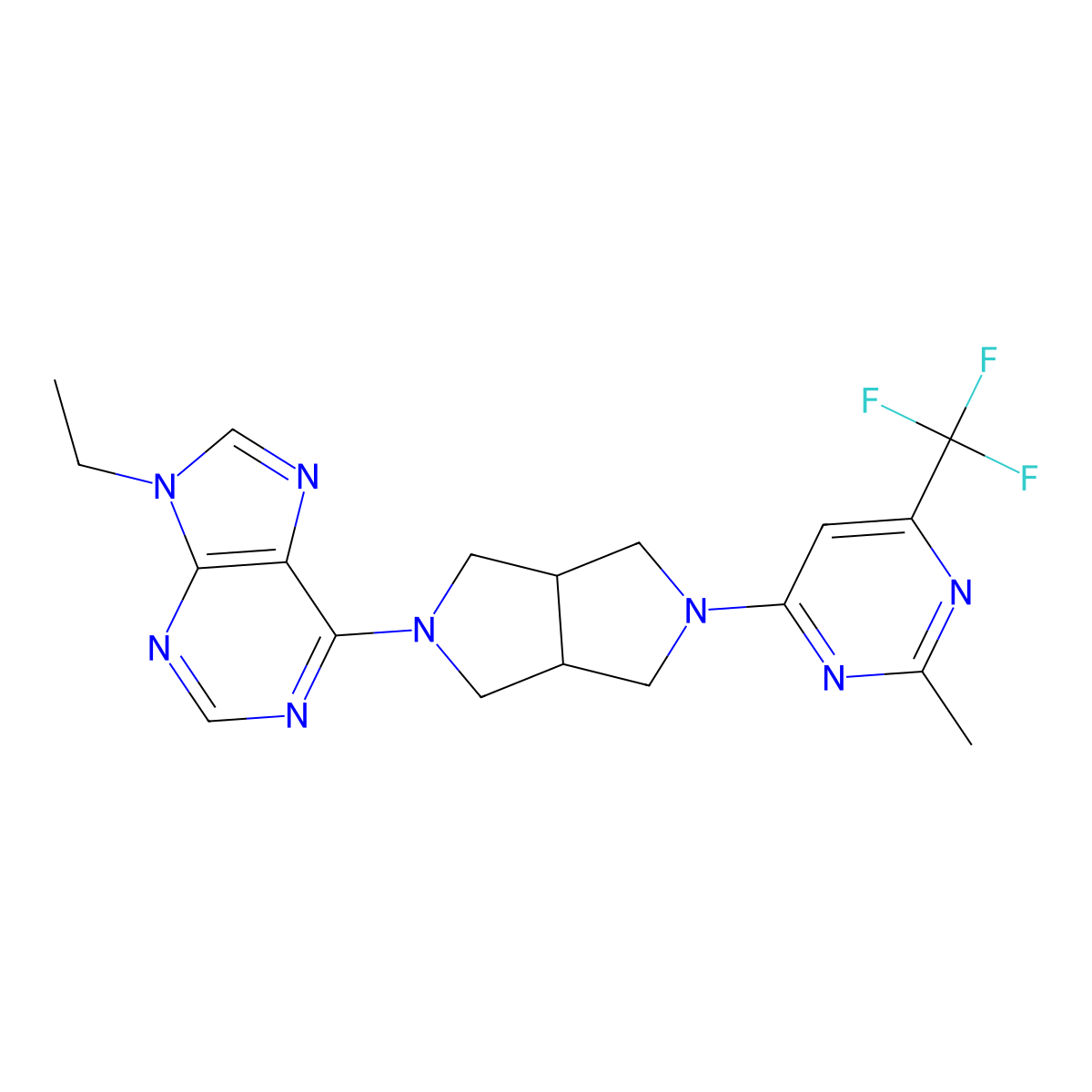 9-ethyl-6-{5-[2-methyl-6-(trifluoromethyl)pyrimidin-4-yl]-octahydropyrrolo[3,4-c]pyrrol-2-yl}-9H-purine molecular structure, CAS 2742035-78-3