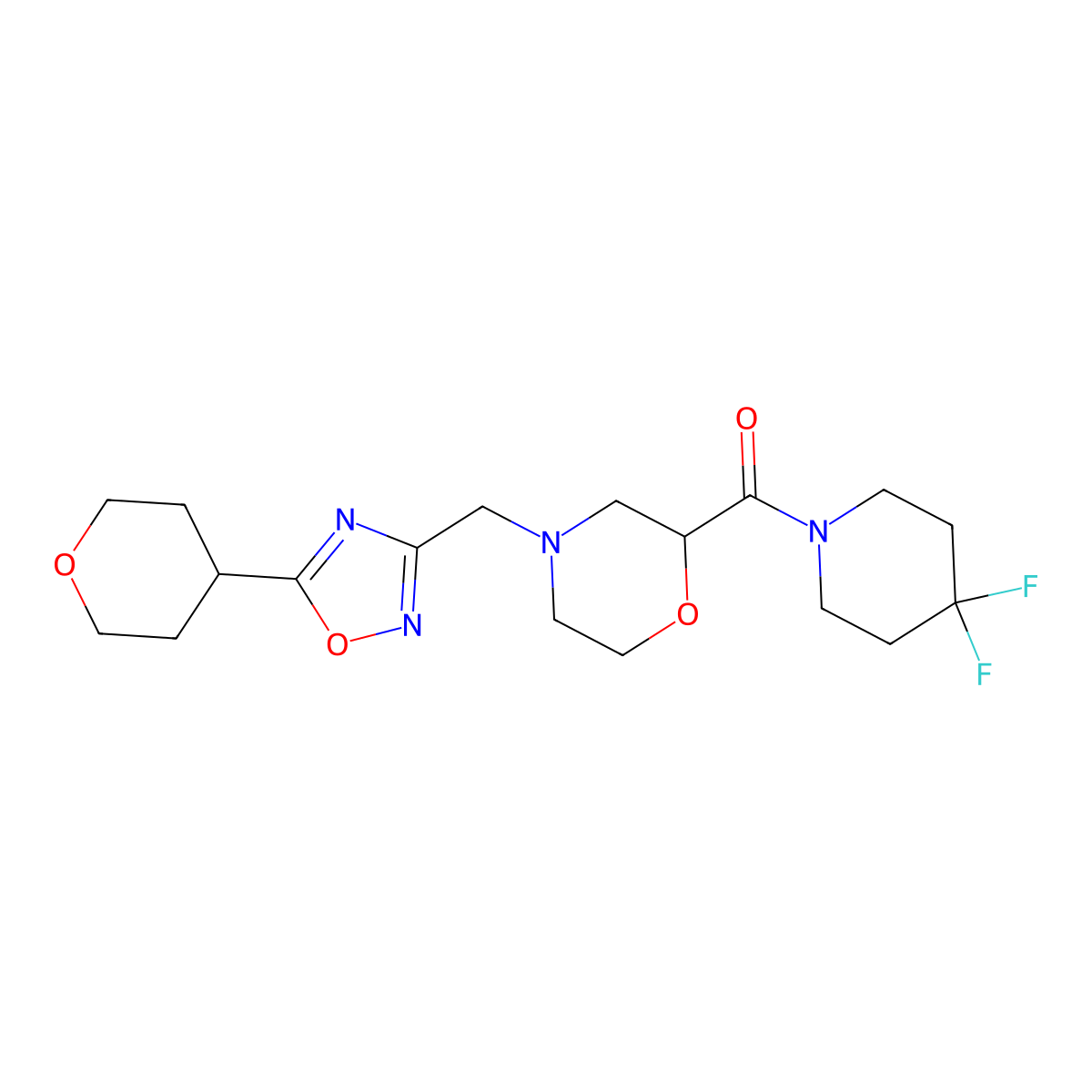 2-(4,4-Difluoropiperidine-1-carbonyl)-4-{[5-(oxan-4-yl)-1,2,4-oxadiazol-3-yl]methyl}morpholine molecular structure, CAS 2742035-79-4