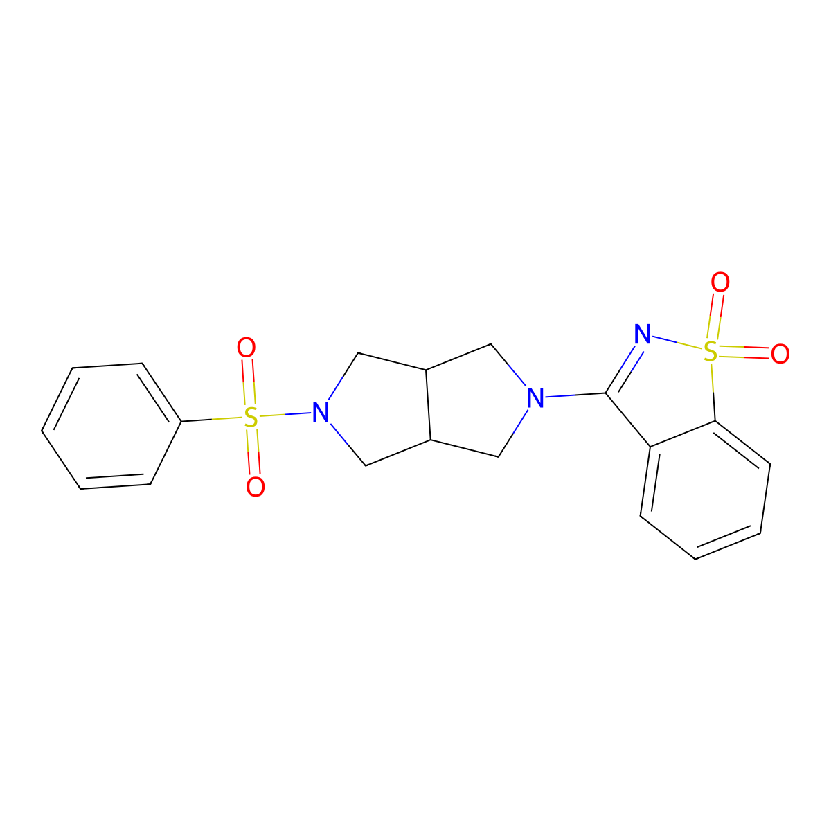 3-[5-(Benzenesulfonyl)-1,3,3a,4,6,6a-hexahydropyrrolo[3,4-c]pyrrol-2-yl]-1,2-benzothiazole 1,1-dioxide molecular structure, CAS 2742035-92-1