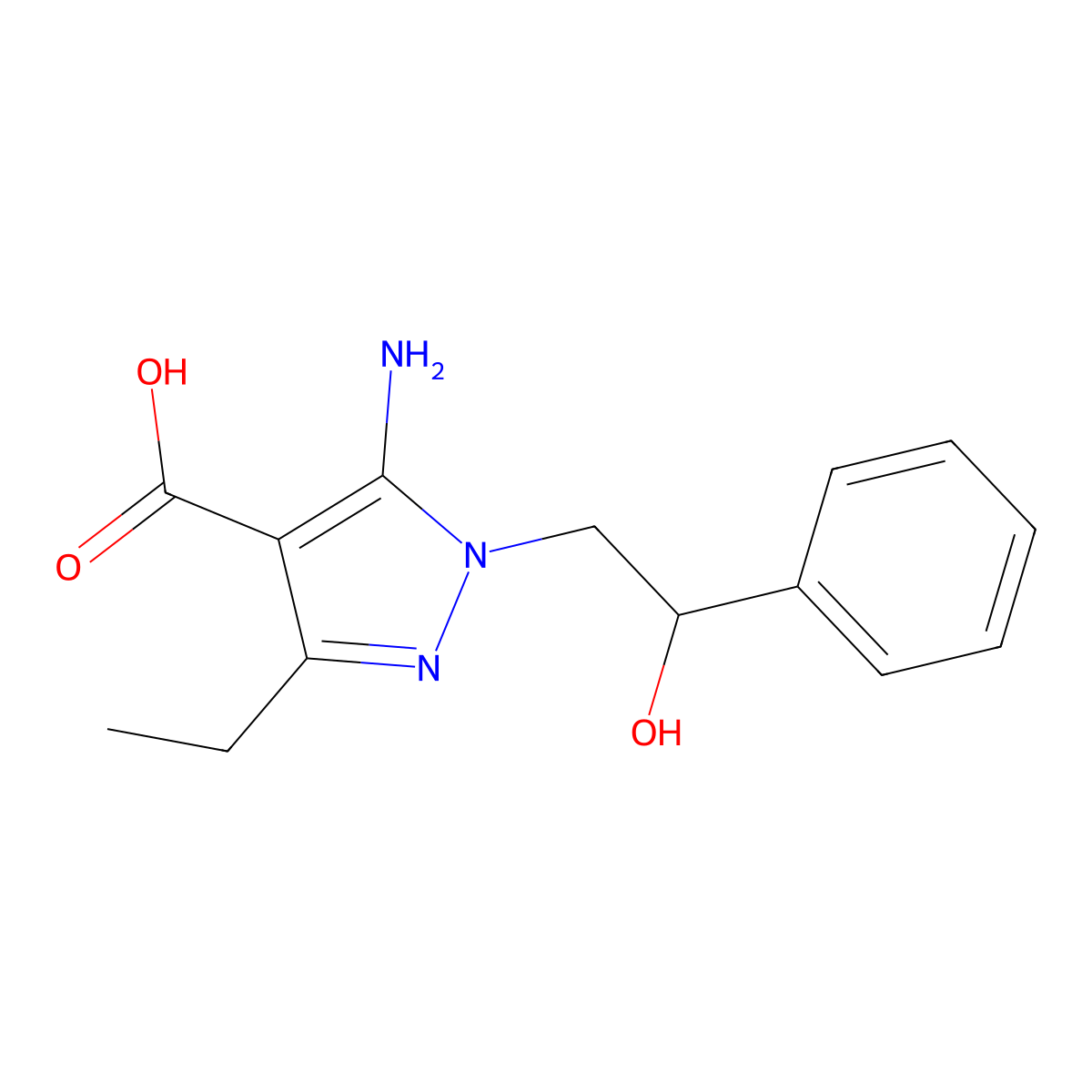 5-amino-3-ethyl-1-(2-hydroxy-2-phenylethyl)-1H-pyrazole-4-carboxylic acid molecular structure, CAS 2742035-93-2