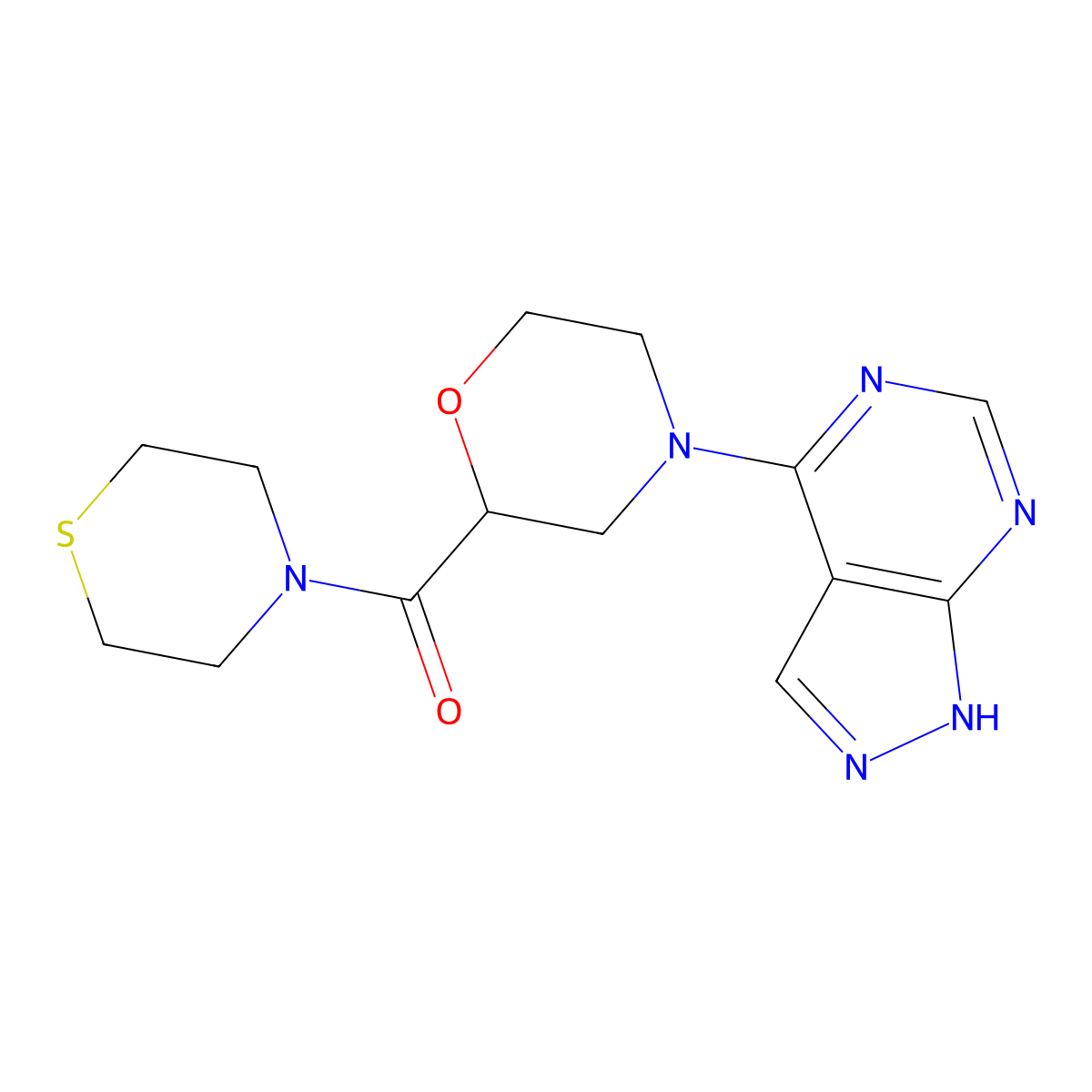 4-{1H-pyrazolo[3,4-d]pyrimidin-4-yl}-2-(thiomorpholine-4-carbonyl)morpholine molecular structure, CAS 2742035-96-5