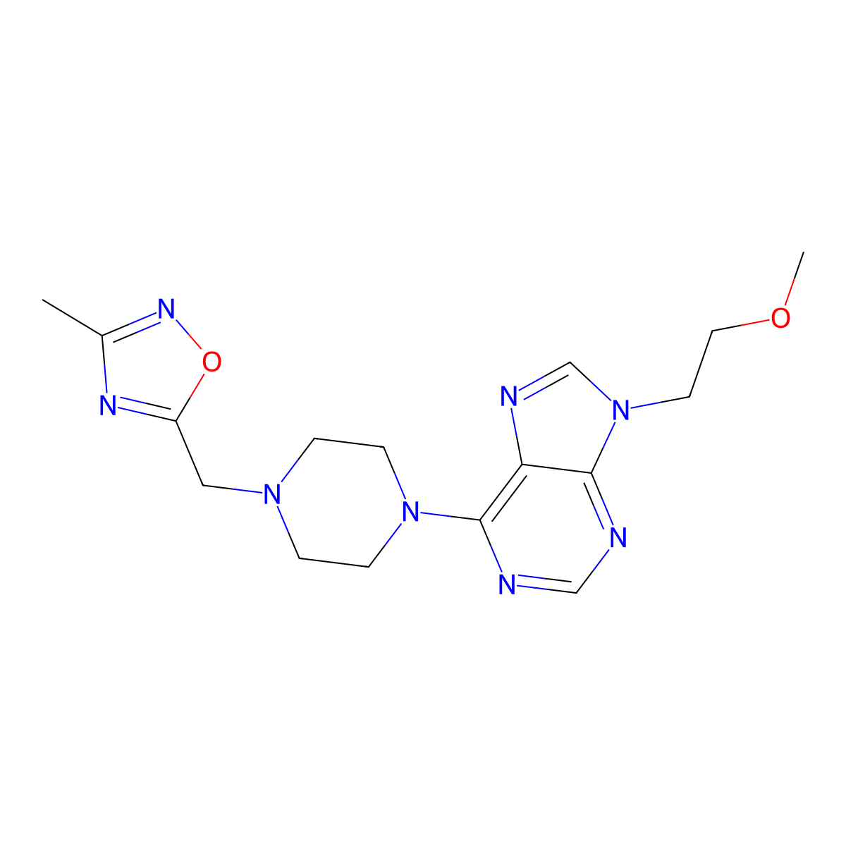 9-(2-methoxyethyl)-6-{4-[(3-methyl-1,2,4-oxadiazol-5-yl)methyl]piperazin-1-yl}-9H-purine molecular structure, CAS 2742035-97-6