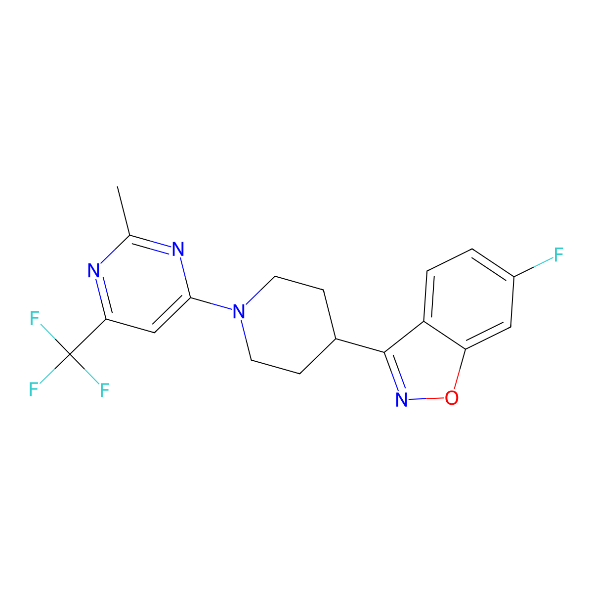 6-Fluoro-3-{1-[2-methyl-6-(trifluoromethyl)pyrimidin-4-yl]piperidin-4-yl}-1,2-benzoxazole molecular structure, CAS 2742036-04-8