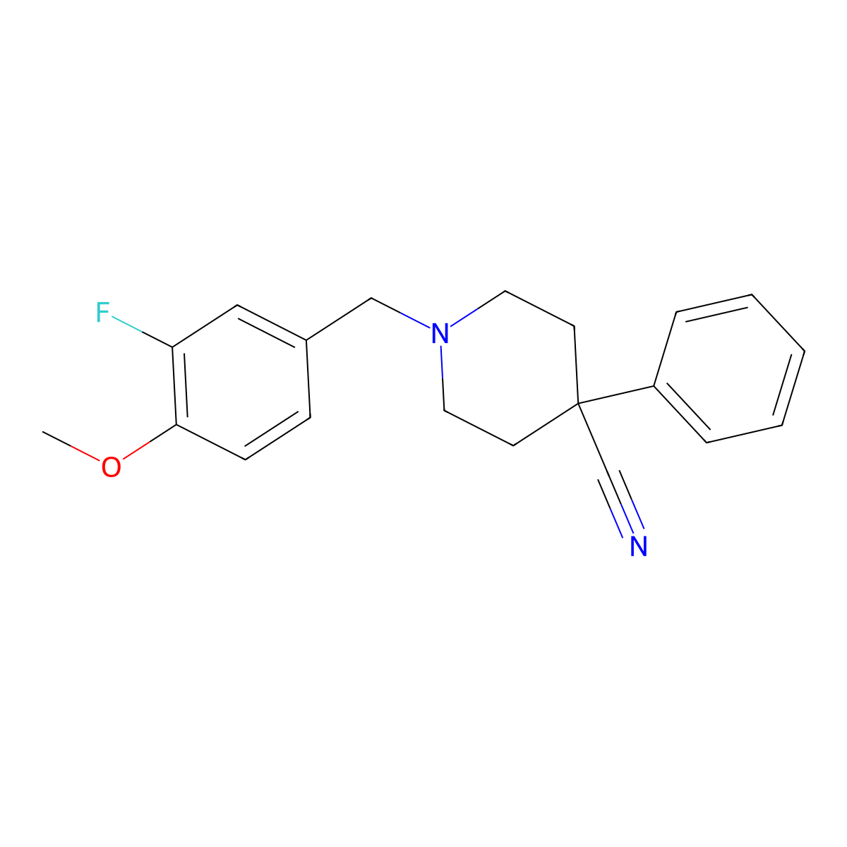 1-[(3-Fluoro-4-methoxyphenyl)methyl]-4-phenylpiperidine-4-carbonitrile molecular structure, CAS 2742036-08-2