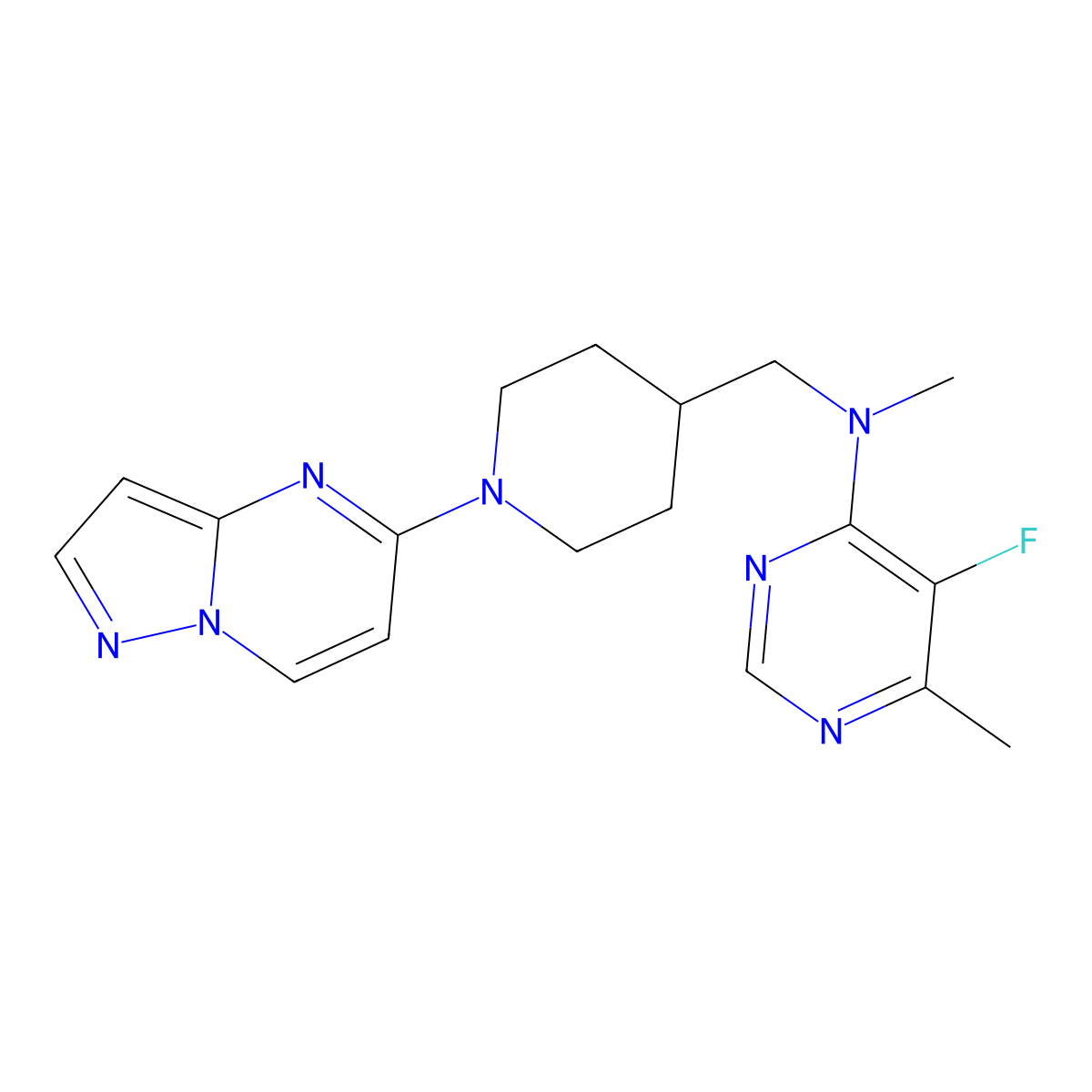 5-fluoro-N,6-dimethyl-N-[(1-{pyrazolo[1,5-a]pyrimidin-5-yl}piperidin-4-yl)methyl]pyrimidin-4-amine molecular structure, CAS 2742036-18-4