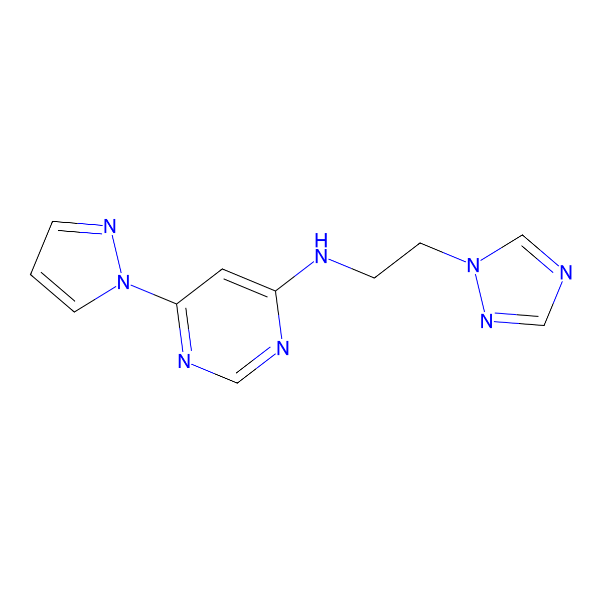 6-(1H-pyrazol-1-yl)-N-[2-(1H-1,2,4-triazol-1-yl)ethyl]pyrimidin-4-amine molecular structure, CAS 2742036-26-4