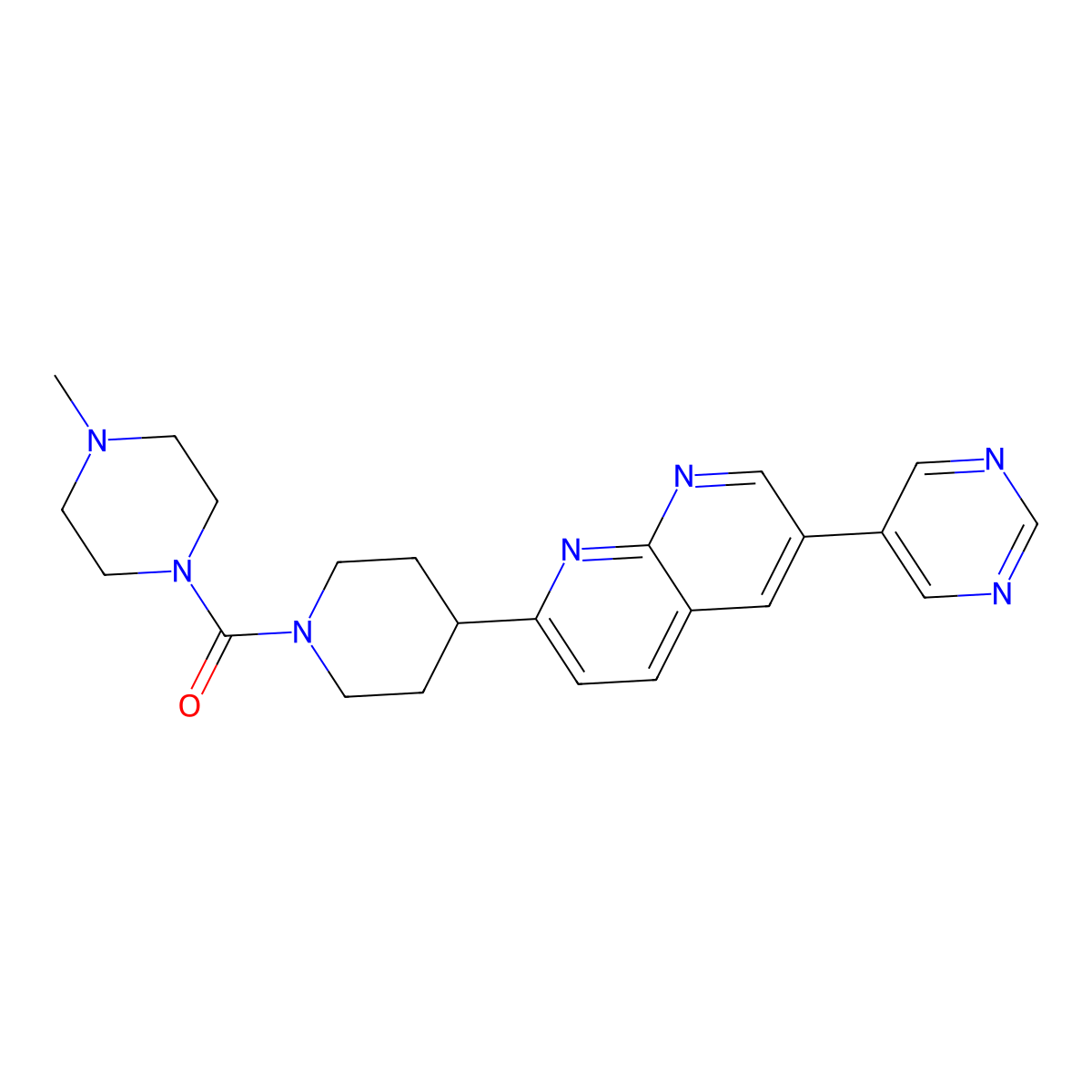 2-[1-(4-Methylpiperazine-1-carbonyl)piperidin-4-yl]-6-(pyrimidin-5-yl)-1,8-naphthyridine molecular structure, CAS 2742036-28-6