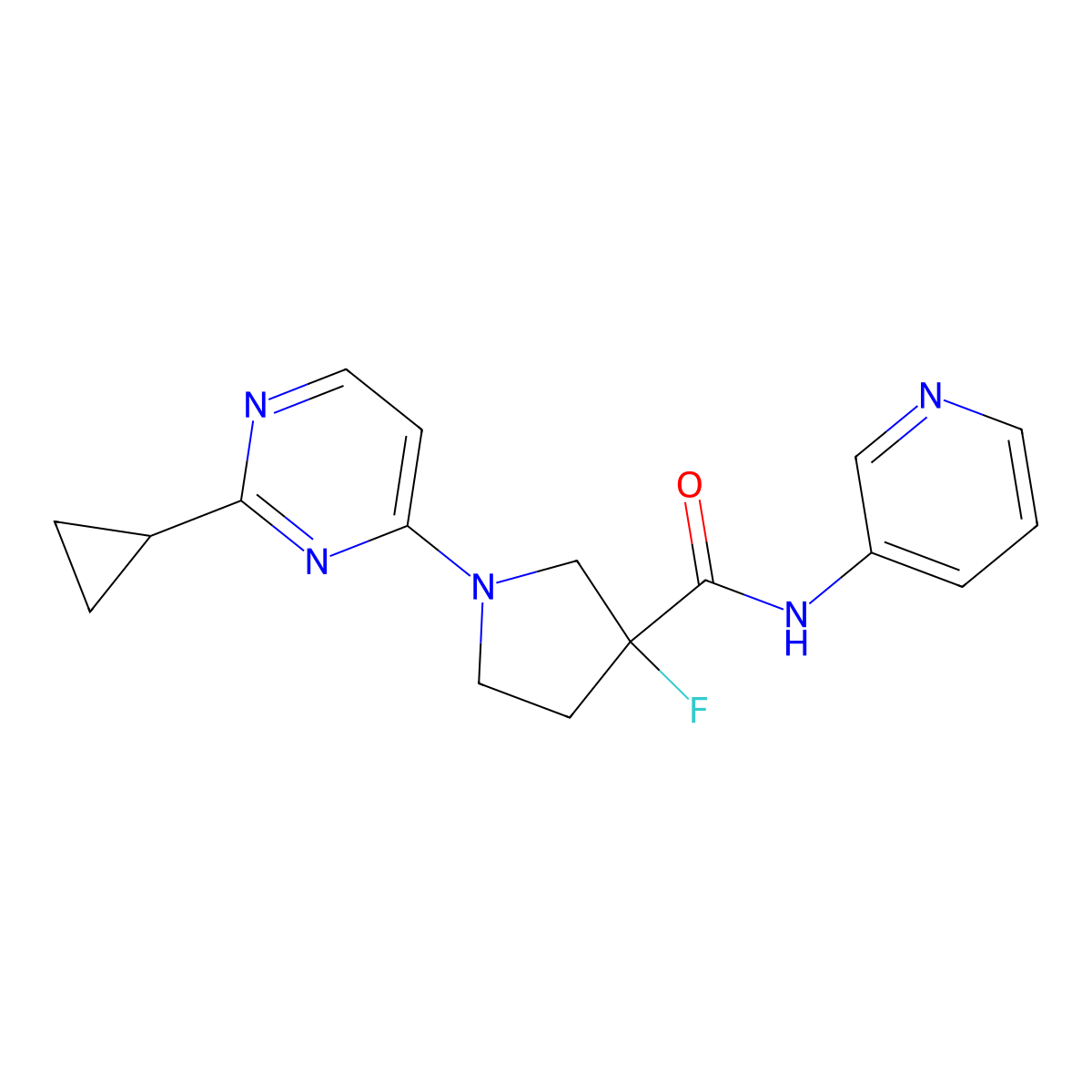 1-(2-cyclopropylpyrimidin-4-yl)-3-fluoro-N-(pyridin-3-yl)pyrrolidine-3-carboxamide molecular structure, CAS 2742036-33-3