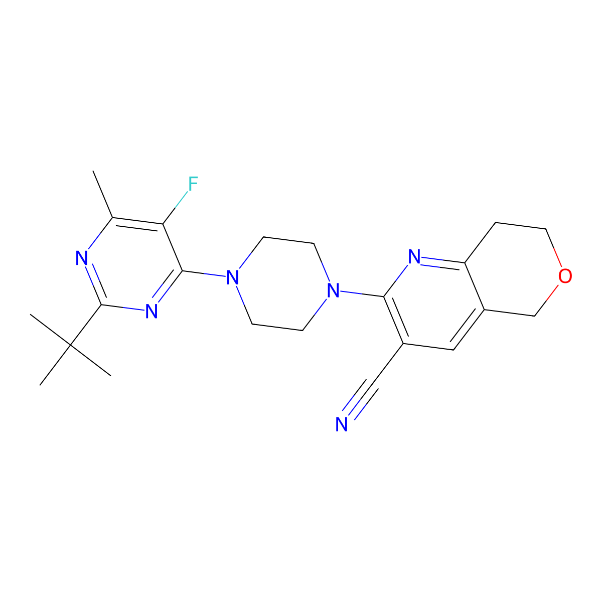 2-[4-(2-tert-butyl-5-fluoro-6-methylpyrimidin-4-yl)piperazin-1-yl]-5H,7H,8H-pyrano[4,3-b]pyridine-3-carbonitrile molecular structure, CAS 2742036-38-8